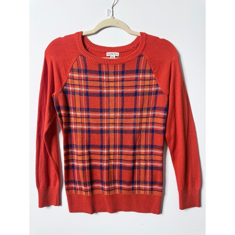 Merona Plaid Crewneck Raglan Sweater Rust Orange Medium